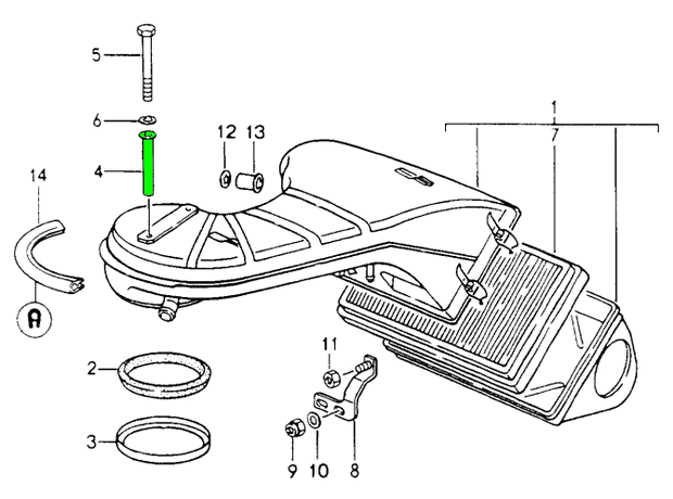 Explosionszeichnung Luftfiltergehäuse Porsche 964 Turbo mit Distanzhülse 65,8 mm (Pos. 4)