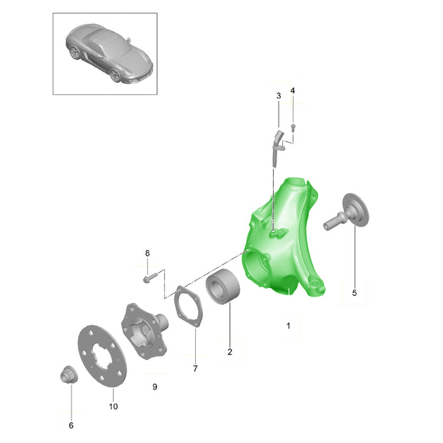 Explosionszeichnung: Radträger vorne, links/rechts – Porsche 991.1/991.2 & 981 Boxster/Cayman (2012–2019)