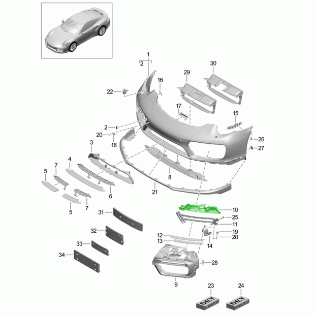 Mounting frame for front bumper grille. Porsche 991.2 Turbo 2017>>