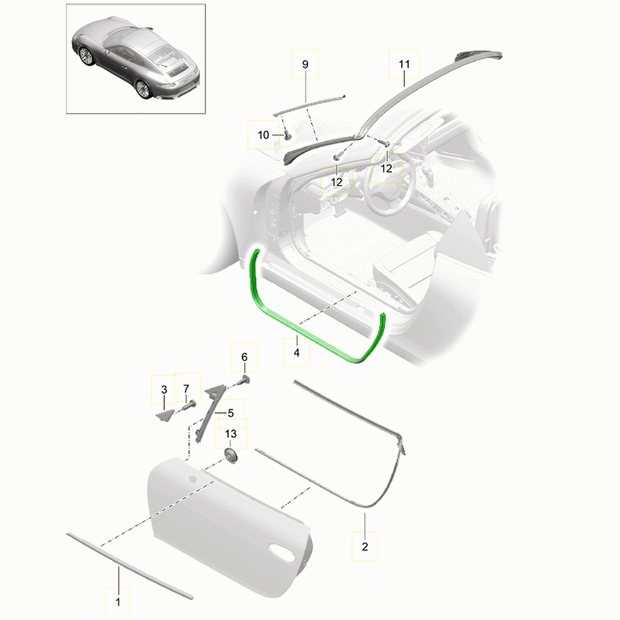 Porsche Genuine Part – Door Seal, interior. Porsche 991 Cabrio