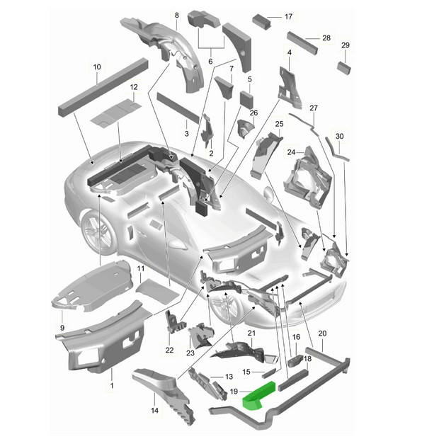 Explosionszeichnung Schaumstoffteil für Kraftstofftank, Porsche 991 / 992 / Boxster / Cayman 981 / 718