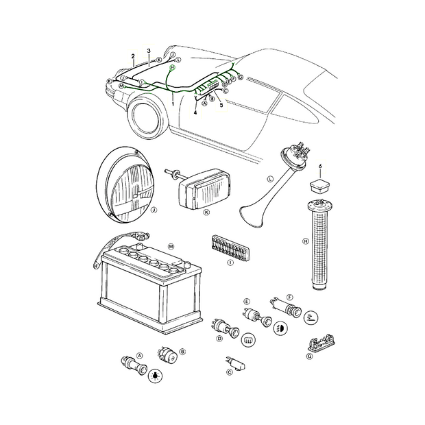 Explosionszeichnung: Kabelbaum Kofferraum, LHD – Porsche 911 G-Modell (1974–1976)