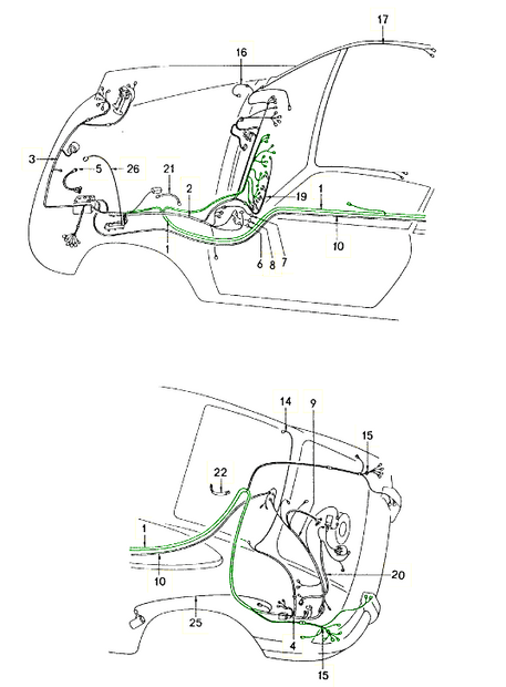 Explosionszeichnung: Tunnelkabelbaum – Porsche 911 G-Modell (1974–1975)