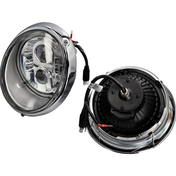 LED-Scheinwerfer Klarglas RHD für Porsche 911 und 964, Vorder- und Rückansicht mit Chromrand und H4-Anschluss