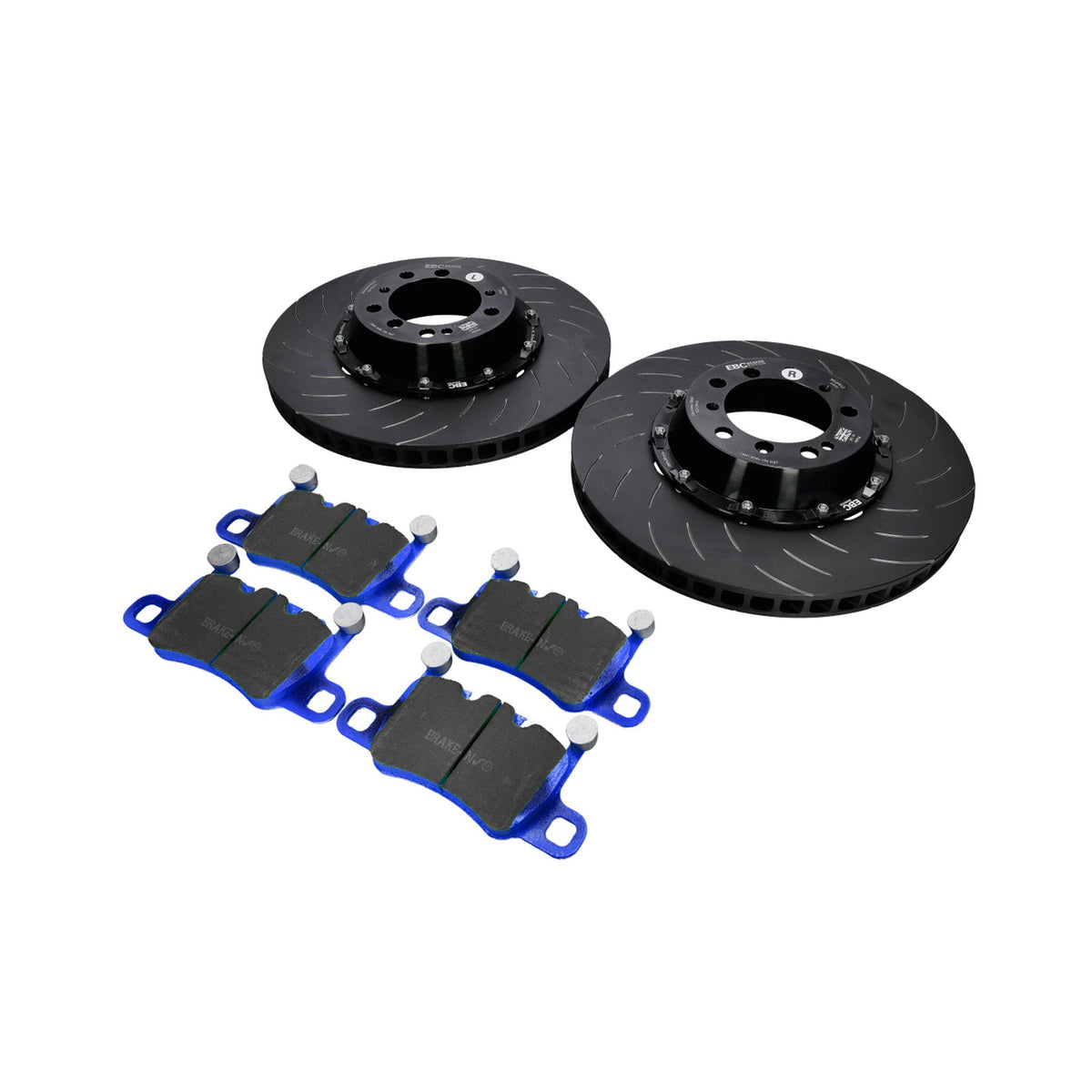 EBC Racing two-piece floating rear brake disc and Bluestuff pad set. Porsche 991 Turbo / 981 Cayman GT4