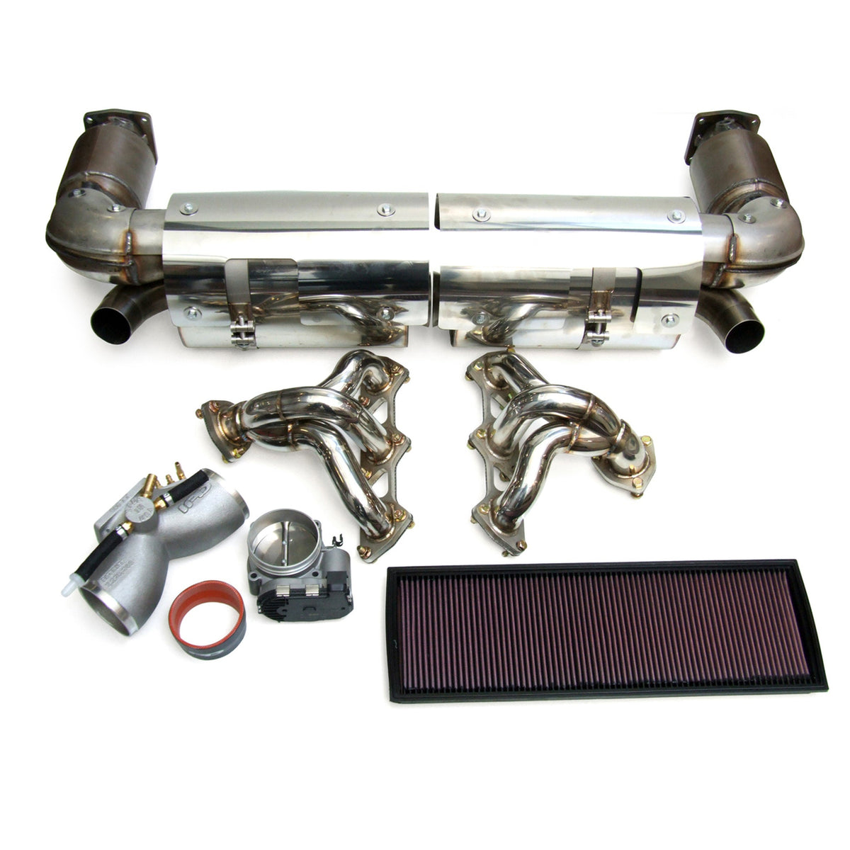 Auspuffpaket + Krümmer + Plenum 74 mm Drosselklappengehäuse + Luftfiltersatz Porsche 996 Turbo