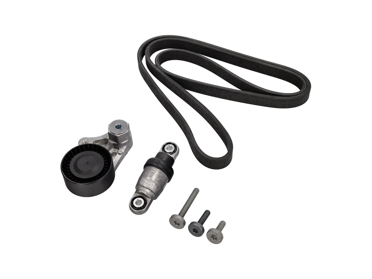 Complete pulley and belt kit - tensioner, bracket, pulley, drive belt and mounting screws - for Porsche 997-2 Carrera 2009-2012 - OEM / original equipment quality