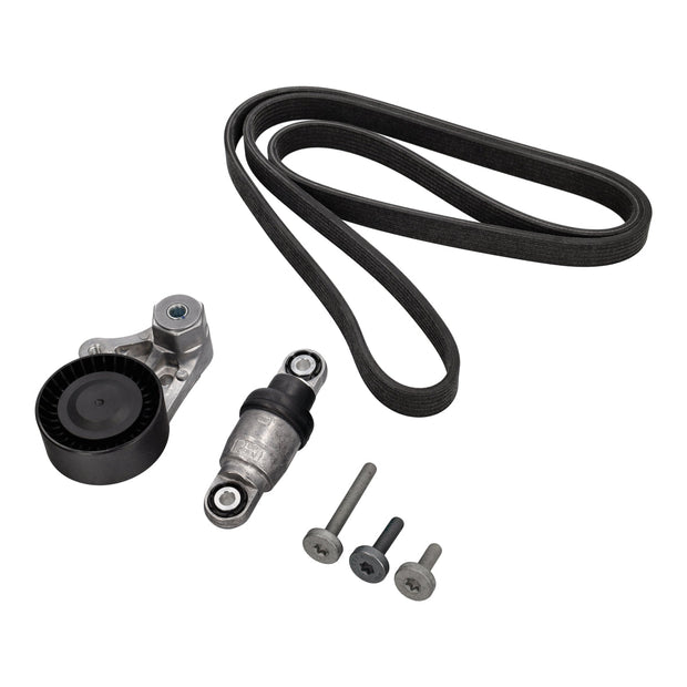 Complete pulley and belt kit – tensioner, bracket, pulley, drive belt, and mounting bolts –