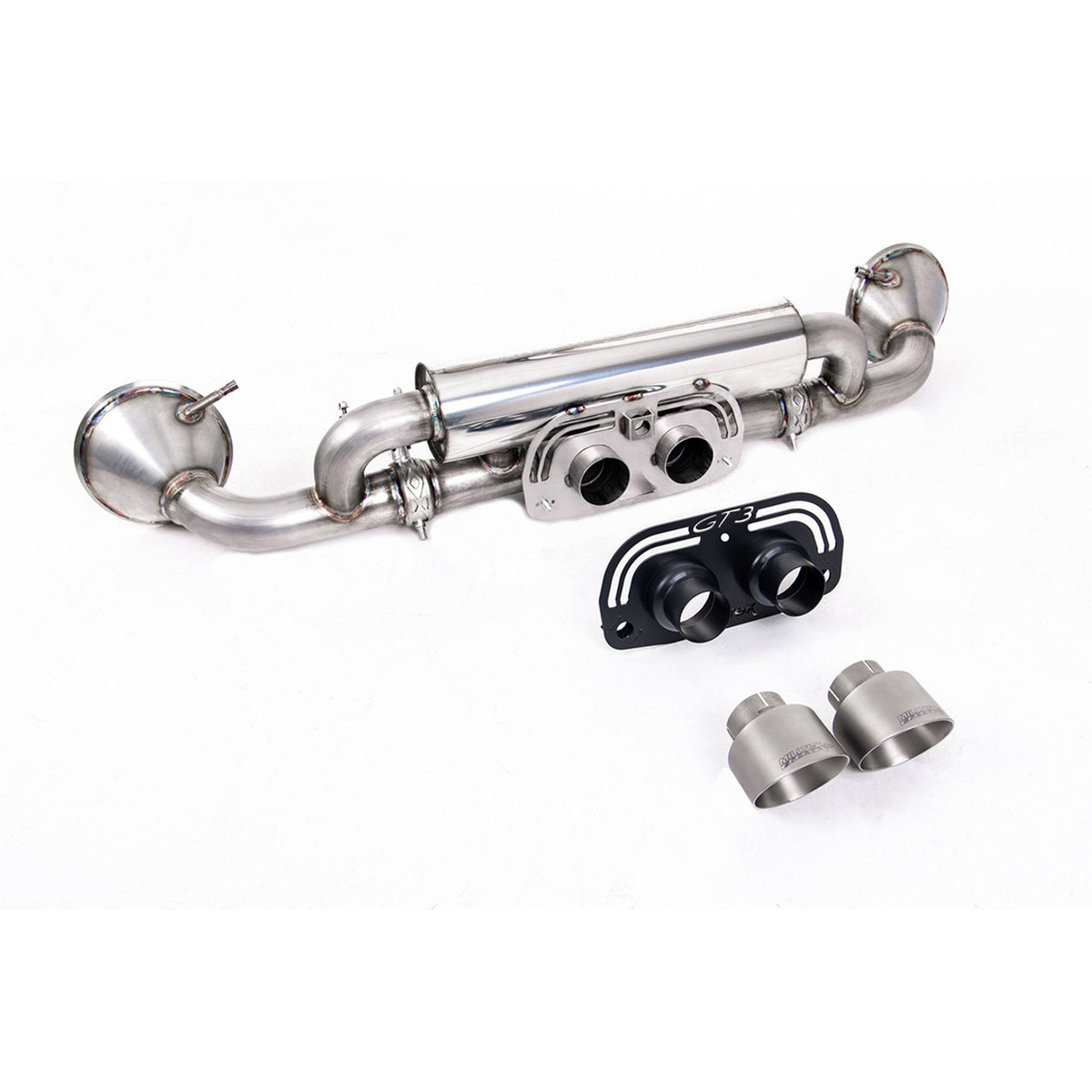 Milltek Sport exhaust rear silencer with GT-100 titanium brushed tailpipe trims Porsche 992