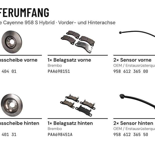 Lieferumfang vorne und hinten: je 2 Bremsscheiben Brembo, 1 Belagsatz Brembo, 2 Verschleißsensoren, Porsche Cayenne 958 S Hybrid