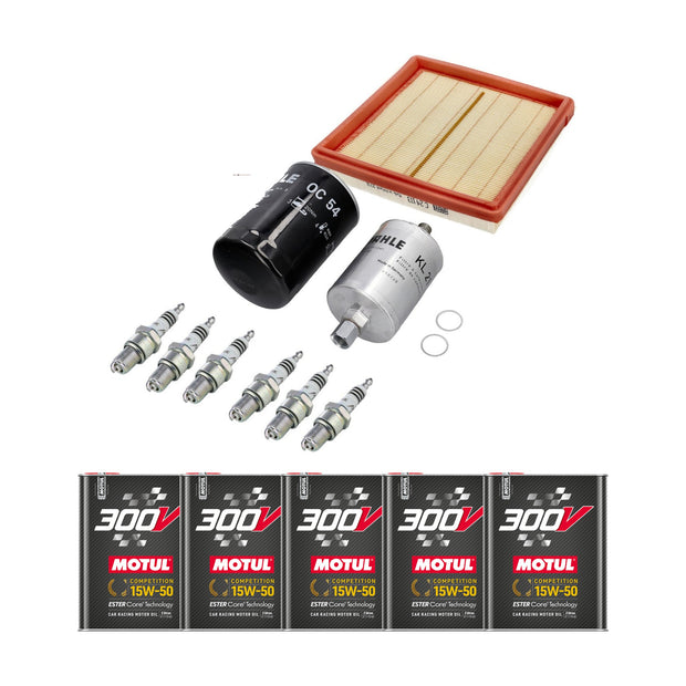 Wartungsset Porsche 911 Carrera 3.2 mit Filtern, sechs Zündkerzen und fünf Dosen Motul 300V Competition 15W-50