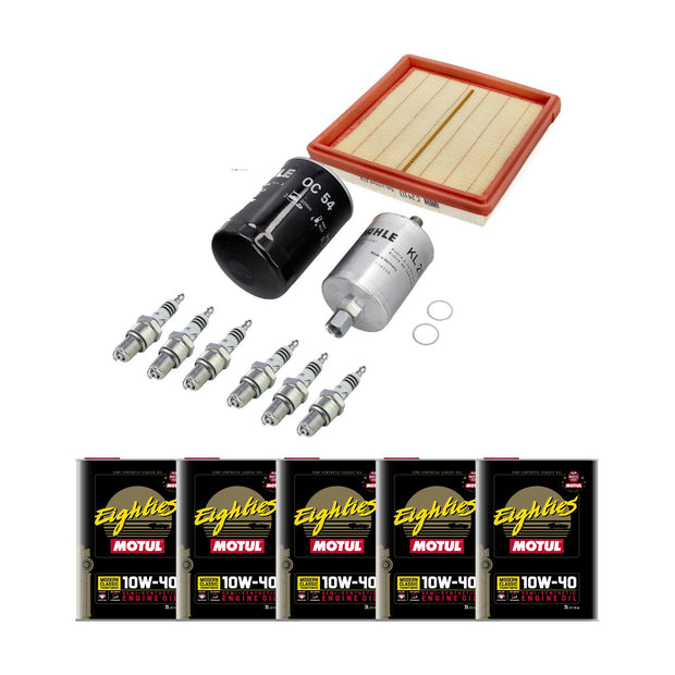 Wartungsset Porsche 911 Carrera 3.2 mit Ölfilter, Kraftstofffilter, Luftfilter, sechs Zündkerzen, Dichtringen und fünf Dosen Motul CLASSIC EIGHTIES 10W-40