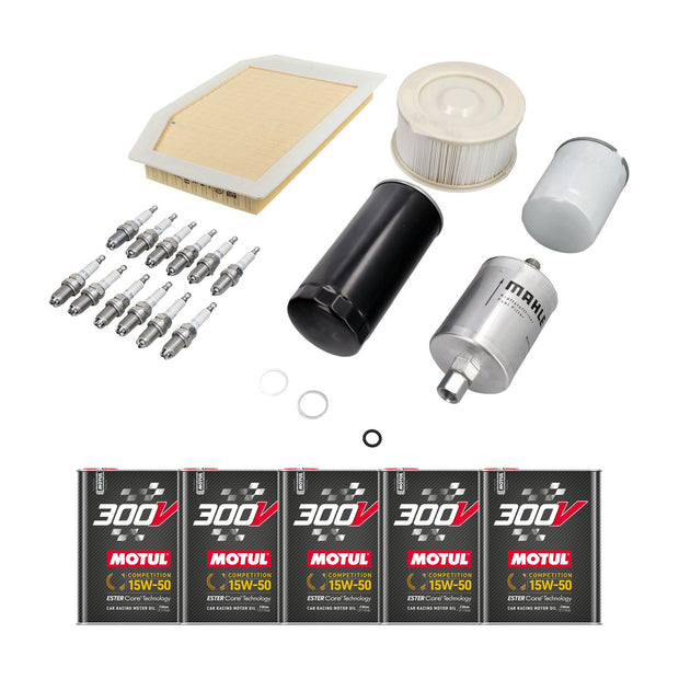 Wartungsset Porsche 993 Carrera mit Filtern, zwölf Zündkerzen und fünf Dosen Motul 300V Competition 15W-50