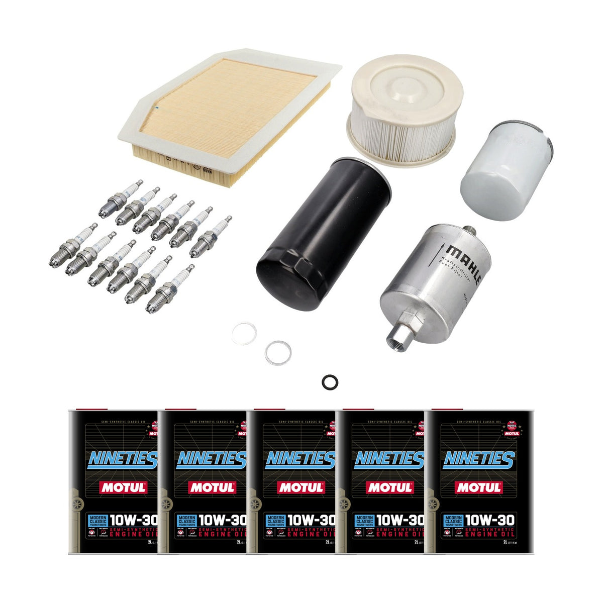 Wartungsset Porsche 993 Carrera mit zwei Ölfiltern, Kraftstofffilter, Luftfilter, Pollenfiltern, zwölf Zündkerzen und fünf Dosen Motul CLASSIC NINETIES 10W-30