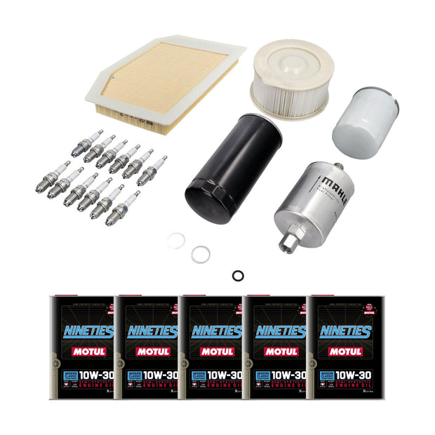 Wartungsset Porsche 993 Carrera mit zwei Ölfiltern, Kraftstofffilter, Luftfilter, Pollenfiltern, zwölf Zündkerzen und fünf Dosen Motul CLASSIC NINETIES 10W-30